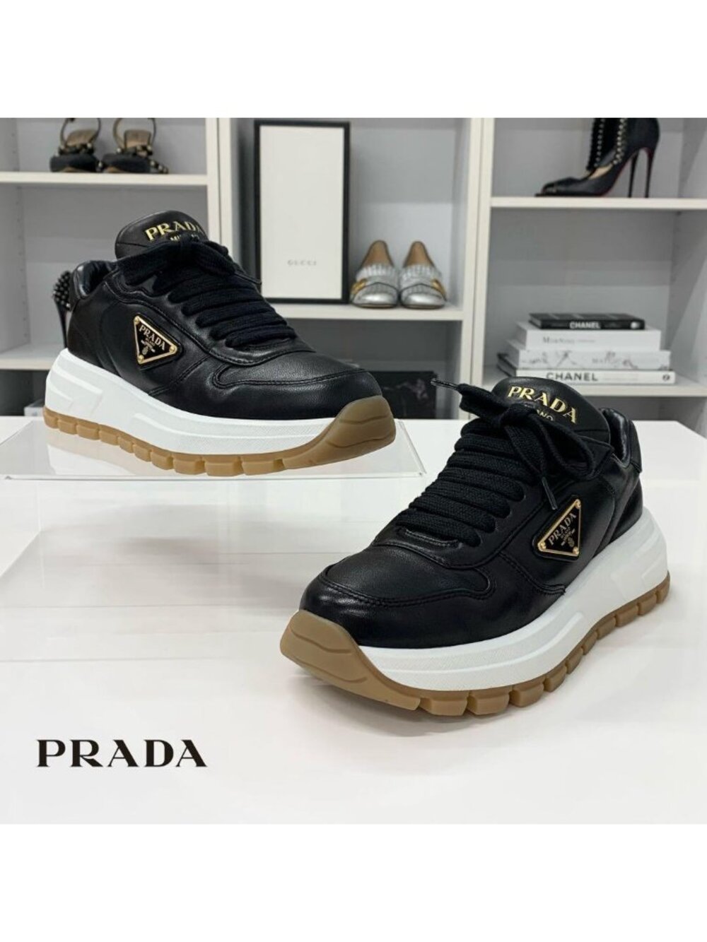 Prada Prax 01 Triangle Logo Leather Rubber Sneakers Black